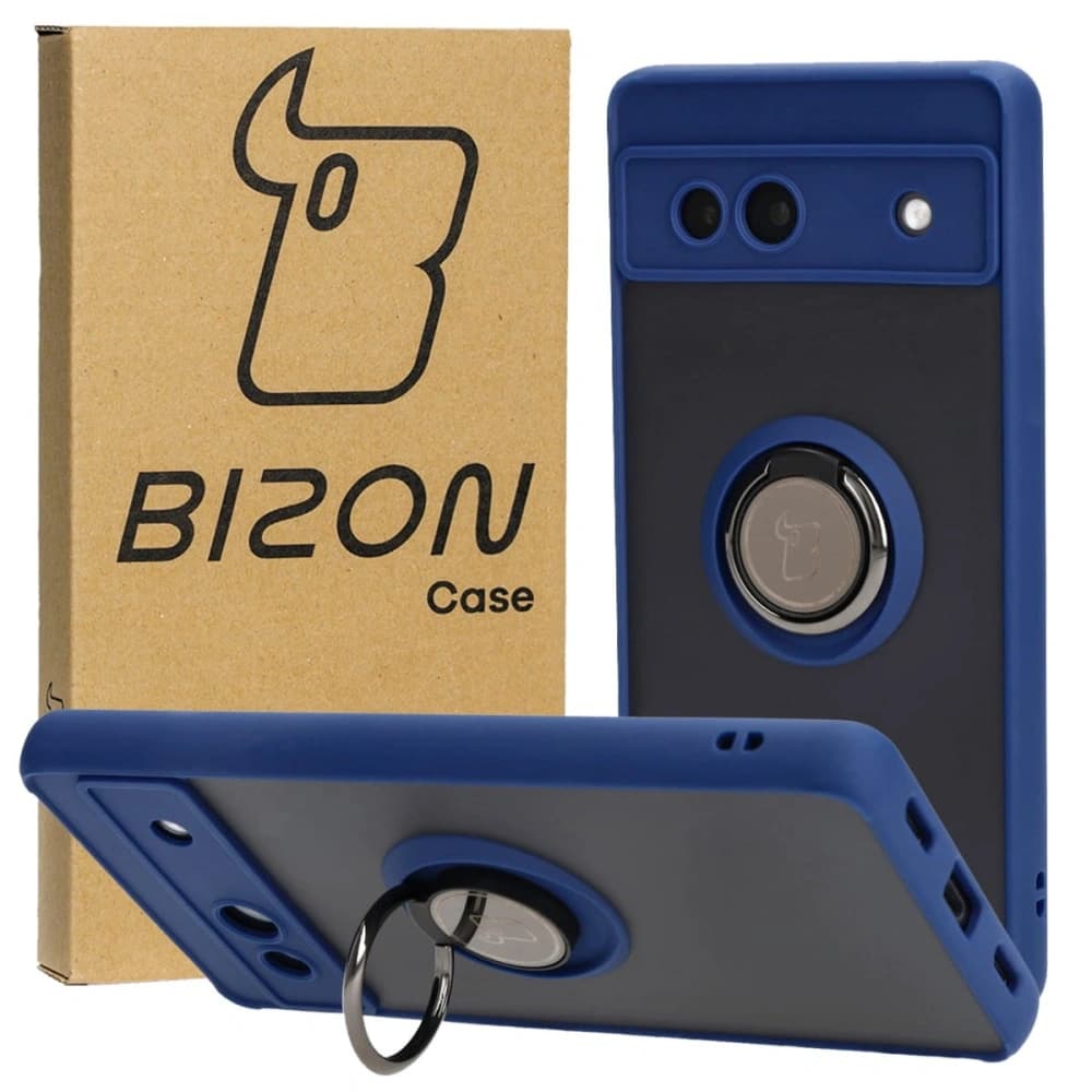 Etui s úchopem na prst Bizon Case Hybrid Ring pro Google Pixel 7A kouřové s modrým rámečkem - 1