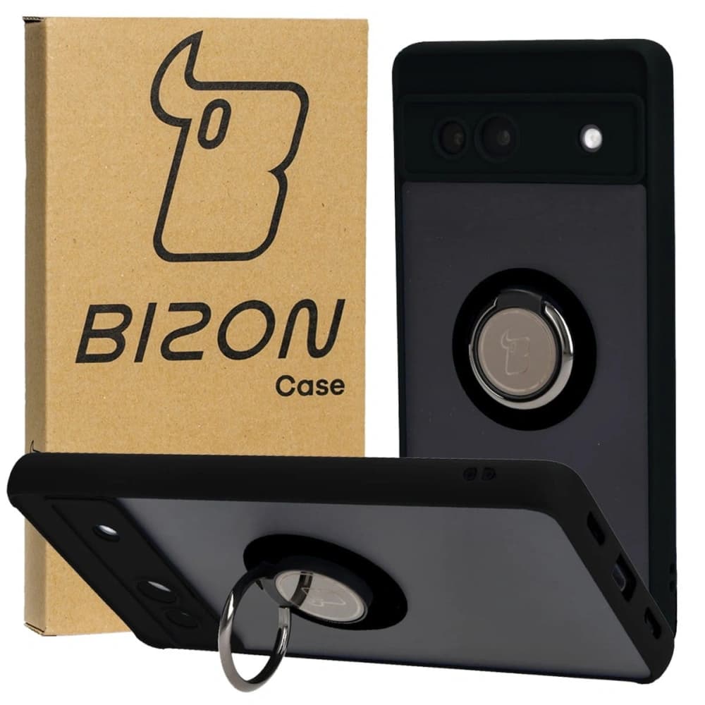 Etui s úchytem na prst Bizon Case Hybrid Ring pro Google Pixel 7A kouřové s černým rámečkem - 1