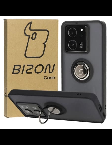 Etui s úchopem na prst Bizon Case Hybrid Ring pro Xiaomi 13T Pro / 13T kouřové s černým rámečkem