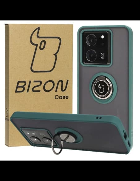 Etui z uchwytem na palec Bizon Case Hybrid Ring do Xiaomi 13T Pro / 13T kouřové s tmavě zeleným rámečkem