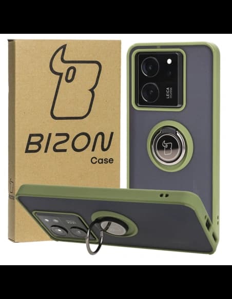 Etui s úchopem na prst Bizon Case Hybrid Ring pro Xiaomi 13T Pro / 13T kouřové se zeleným rámem