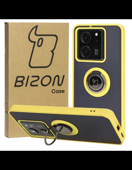 Etui s úchytem na palec Bizon Case Hybrid Ring do Xiaomi 13T Pro / 13T kouřové se žlutým rámem