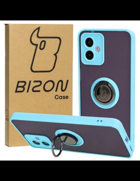 Caz Bizon Hybrid Ring Motorola Moto G14 fumuriu cu un cadru de culoare albastru deschis
