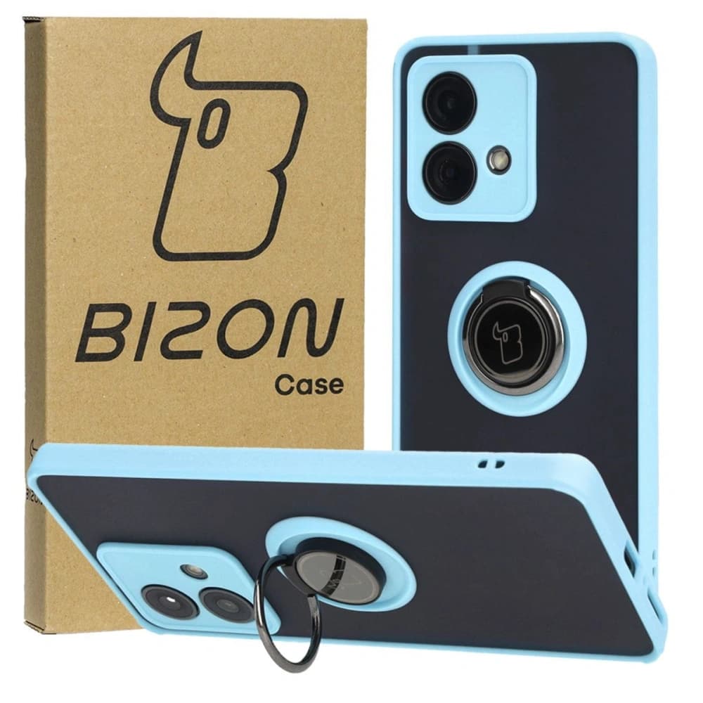 Etui s úchytem na prst Bizon Case Hybrid Ring pro Motorola Edge 40 Neo kouřové s světle modrým rámečkem - 1