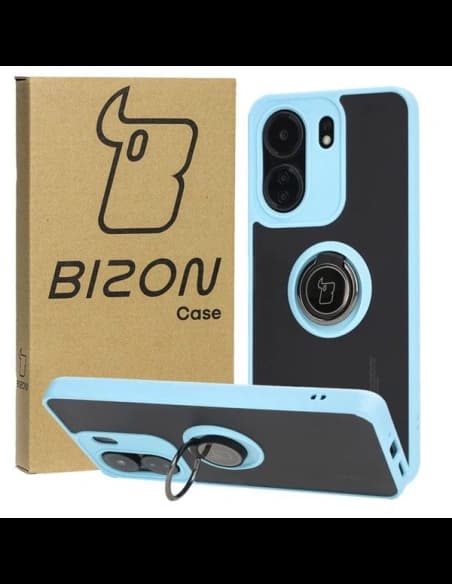 Bizon Case Hybrid Ring Xiaomi Redmi 13C / Xiaomi Poco C65 rauchig mit einem hellblauen Rahmen