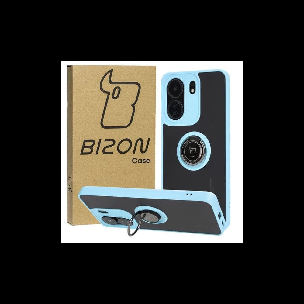 Etui s úchopem na prst Bizon Case Hybrid Ring pro Xiaomi Redmi 13C / Xiaomi Poco C65 kouřové s jasně modrým rámečkem - 1