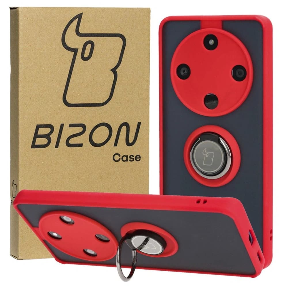 Pouzdro s úchytem na prst Bizon Case Hybrid Ring pro Honor Magic6 Lite kouřové s červeným rámečkem - 1
