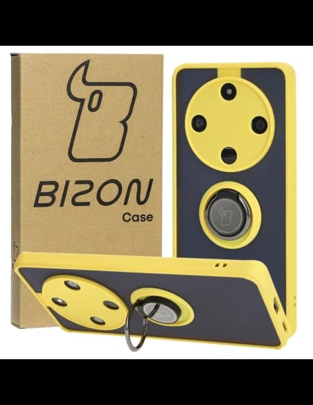 Etui s úchytem na prst Bizon Case Hybrid Ring pro Honor Magic6 Lite kouřové s žlutým rámem