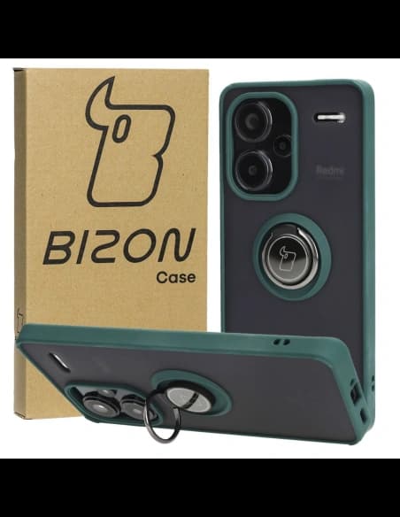 Etui z uchwytem na palec Bizon Case Hybrid Ring do Xiaomi Redmi Note 13 Pro+ 5G zakouřené s tmavě zeleným rámečkem