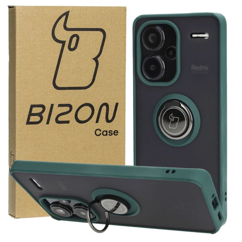 Etui z uchwytem na palec Bizon Case Hybrid Ring do Xiaomi Redmi Note 13 Pro+ 5G zakouřené s tmavě zeleným rámečkem - 1