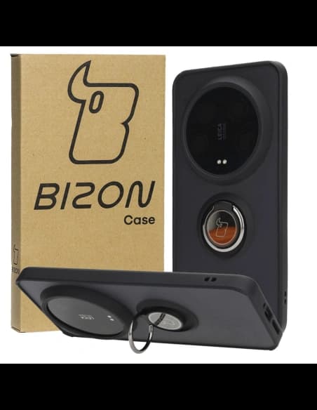 Etui s úchopem na palec Bizon Case Hybrid Ring pro Xiaomi 14 Ultra kouřové s černým rámečkem