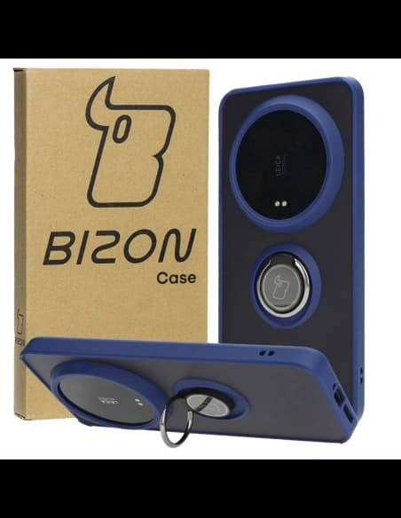Etui s úchopem na prst Bizon Case Hybrid Ring do Xiaomi 14 Ultra kouřové s modrým rámečkem