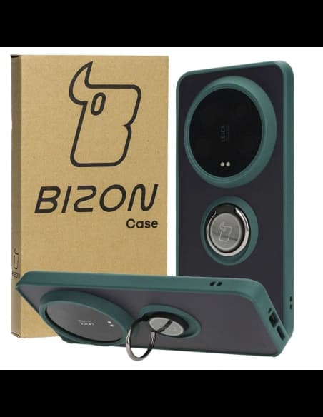 Etui s úchopem na prst Bizon Case Hybrid Ring pro Xiaomi 14 Ultra kouřové s tmavozeleným rámem