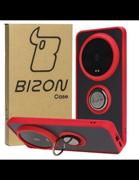 Etui s úchytem na prst Bizon Case Hybrid Ring pro Xiaomi 14 Ultra kouřové s červeným rámečkem