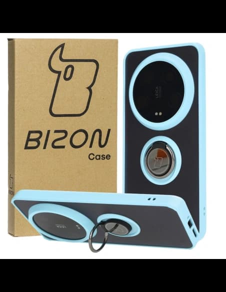 Etui s úchopem na prst Bizon Case Hybrid Ring do Xiaomi 14 Ultra kouřové s jasně modrým rámem