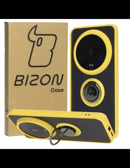 Etui s úchytem na prst Bizon Case Hybrid Ring pro Xiaomi 14 Ultra kouřové s žlutým rámem
