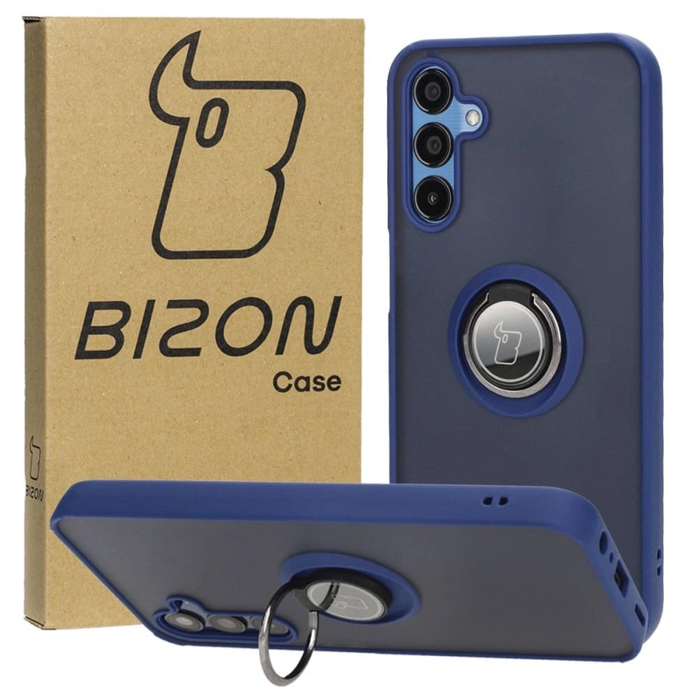 Etui s úchopem na prst Bizon Case Hybrid Ring pro Samsung Galaxy M15 5G kouřové s modrým rámečkem - 1