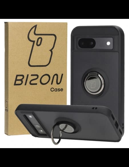 Etui z uchwytem na palec Bizon Case Hybrid Ring do Google Pixel 8a przydymione z czarną ramką