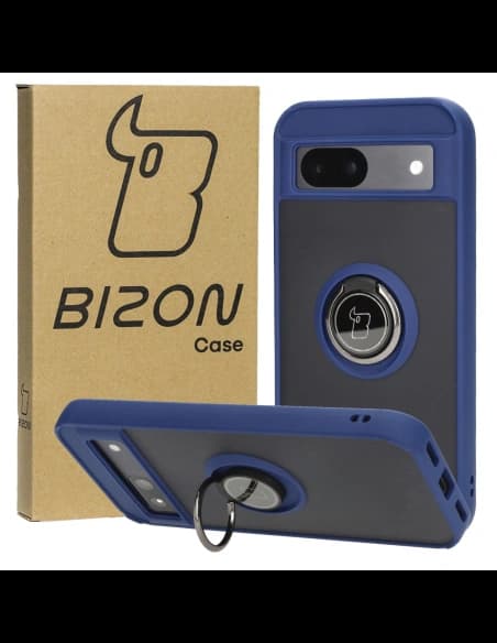 Etui z uchwytem na palec Bizon Case Hybrid Ring do Google Pixel 8a przydymione z granatową ramką