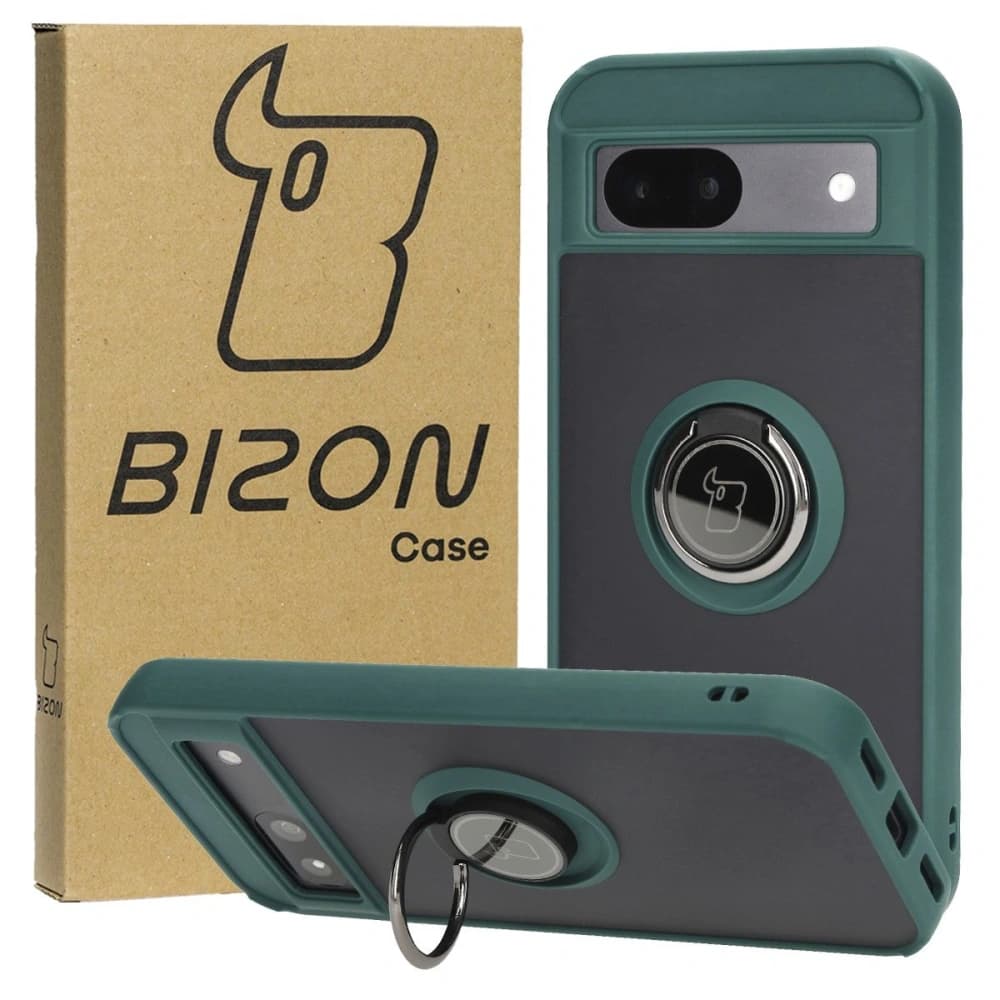 Etui s úchopem na prst Bizon Case Hybrid Ring pro Google Pixel 8a kouřové s tmavě zeleným rámečkem - 1