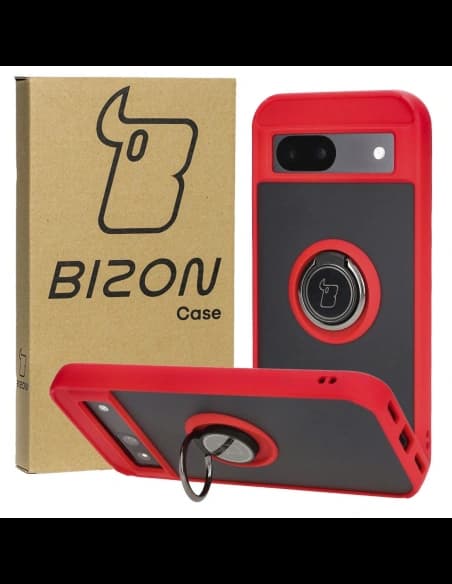 Etui z uchwytem na palec Bizon Case Hybrid Ring do Google Pixel 8a przydymione z czerwoną ramką