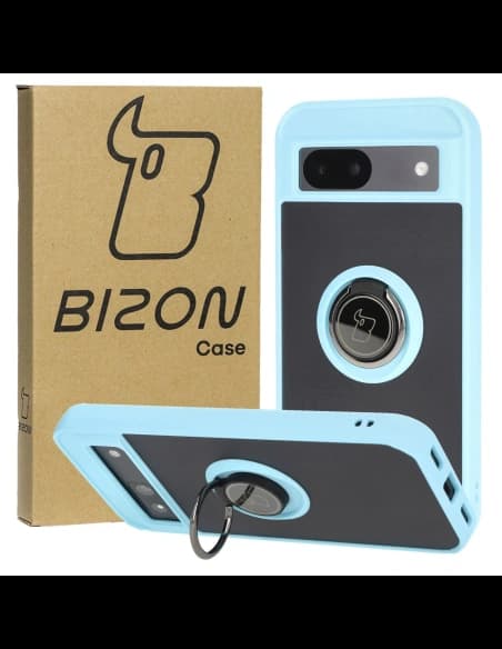 Etui z uchwytem na palec Bizon Case Hybrid Ring do Google Pixel 8a przydymione z jasnoniebieską ramką