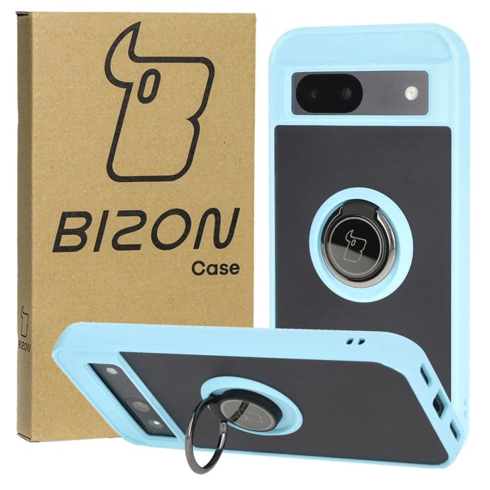 Etui s úchopem na prst Bizon Case Hybrid Ring pro Google Pixel 8a kouřové s jasně modrým rámečkem - 1