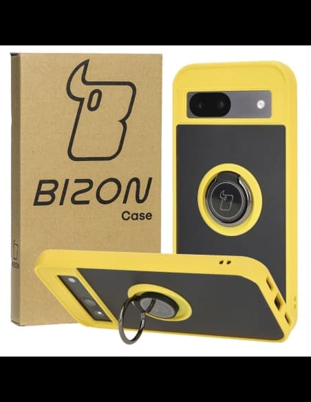 Etui z uchwytem na palec Bizon Case Hybrid Ring do Google Pixel 8a przydymione z żółtą ramką