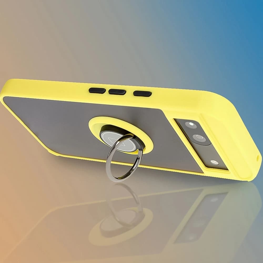 Etui s úchopem na prst Bizon Case Hybrid Ring pro Google Pixel 8a kouřové s žlutým rámem - 9