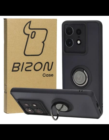 Etui s úchopem na prst Bizon Case Hybrid Ring pro Motorola Edge 50 Pro kouřové s černým rámem