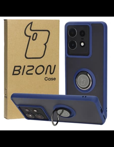 Etui s úchopem na prst Bizon Case Hybrid Ring pro Motorola Edge 50 Pro kouřové s modrým rámečkem