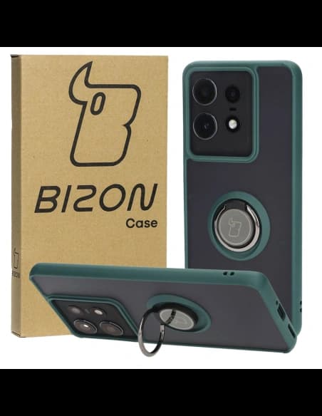 Etui s úchytem na prst Bizon Case Hybrid Ring pro Motorola Edge 50 Pro kouřové s tmavě zeleným rámečkem