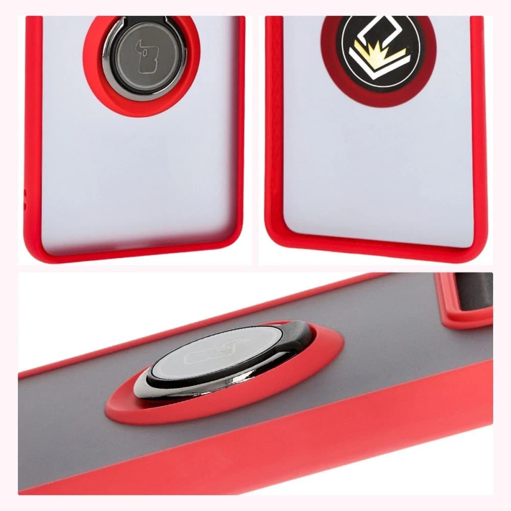 Pouzdro s úchopem na prst Bizon Case Hybrid Ring pro Motorola Edge 50 Pro kouřové s červeným rámem. - 6