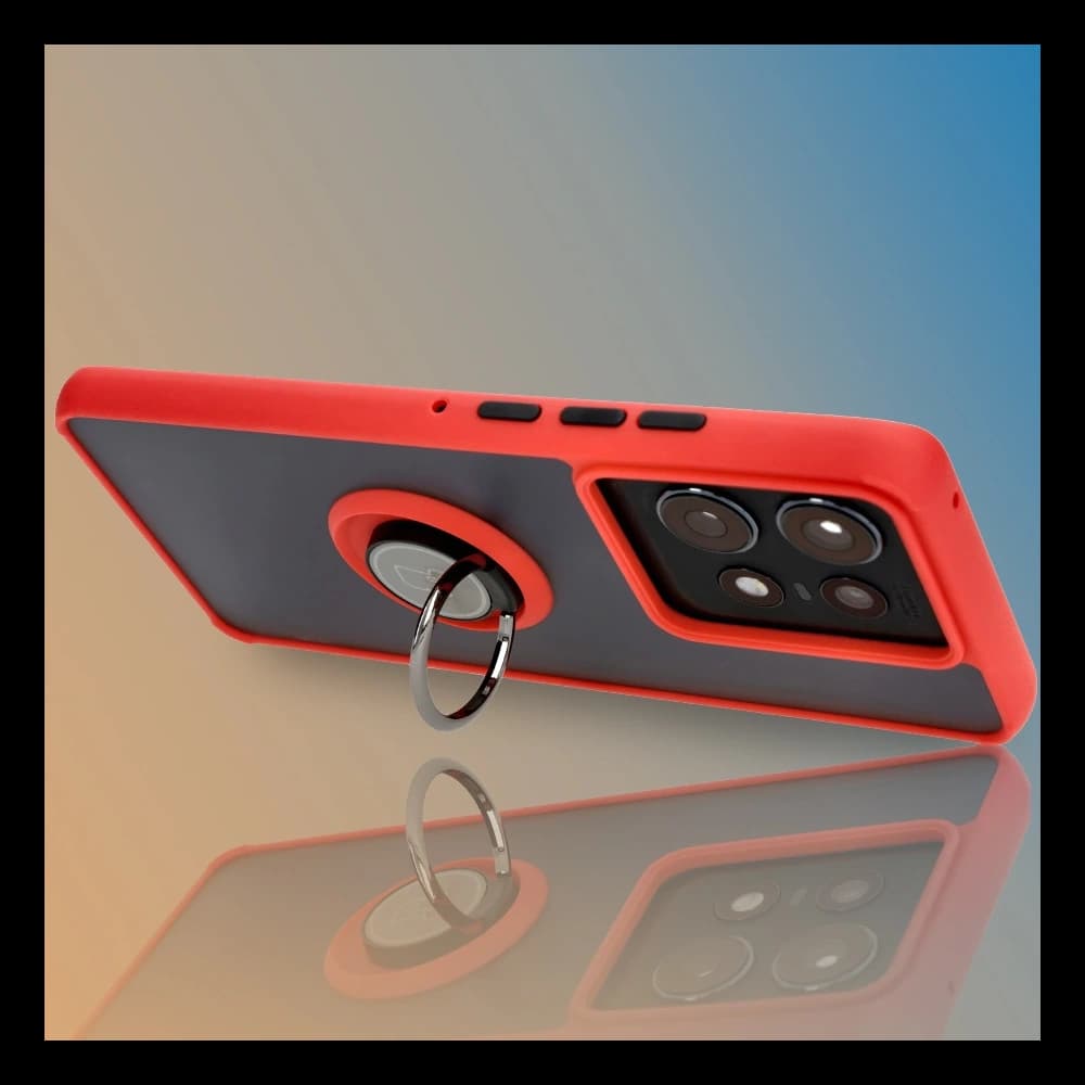 Pouzdro s úchopem na prst Bizon Case Hybrid Ring pro Motorola Edge 50 Pro kouřové s červeným rámem. - 9