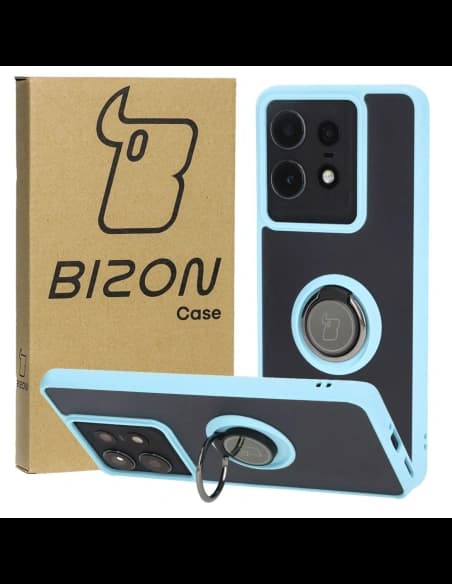 Pouzdro s úchytem na prst Bizon Case Hybrid Ring pro Motorola Edge 50 Pro kouřové s světle modrým rámečkem