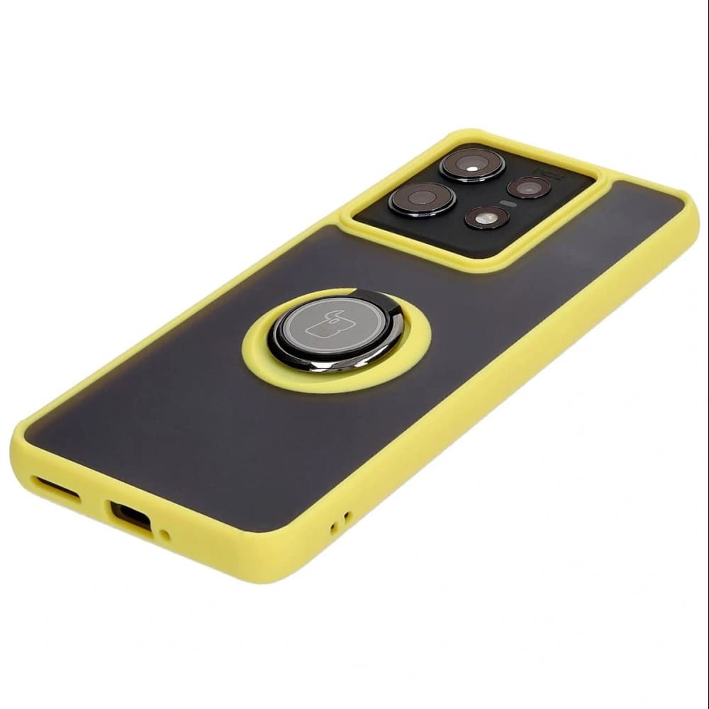 Etui s úchopem na prst Bizon Case Hybrid Ring pro Motorola Edge 50 Pro kouřové s žlutým rámem - 3