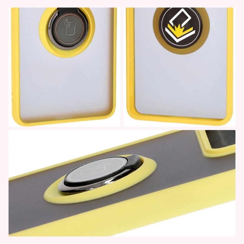 Etui s úchopem na prst Bizon Case Hybrid Ring pro Motorola Edge 50 Pro kouřové s žlutým rámem - 6