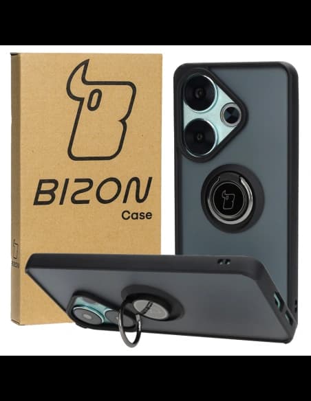 Etui s úchytem na prst Bizon Case Hybrid Ring pro Xiaomi Poco F6 kouřové s černým rámem