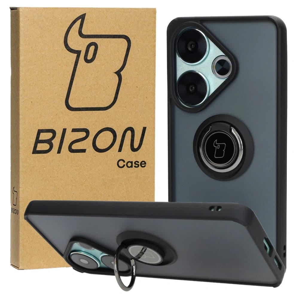 Etui s úchytem na prst Bizon Case Hybrid Ring pro Xiaomi Poco F6 kouřové s černým rámem - 1