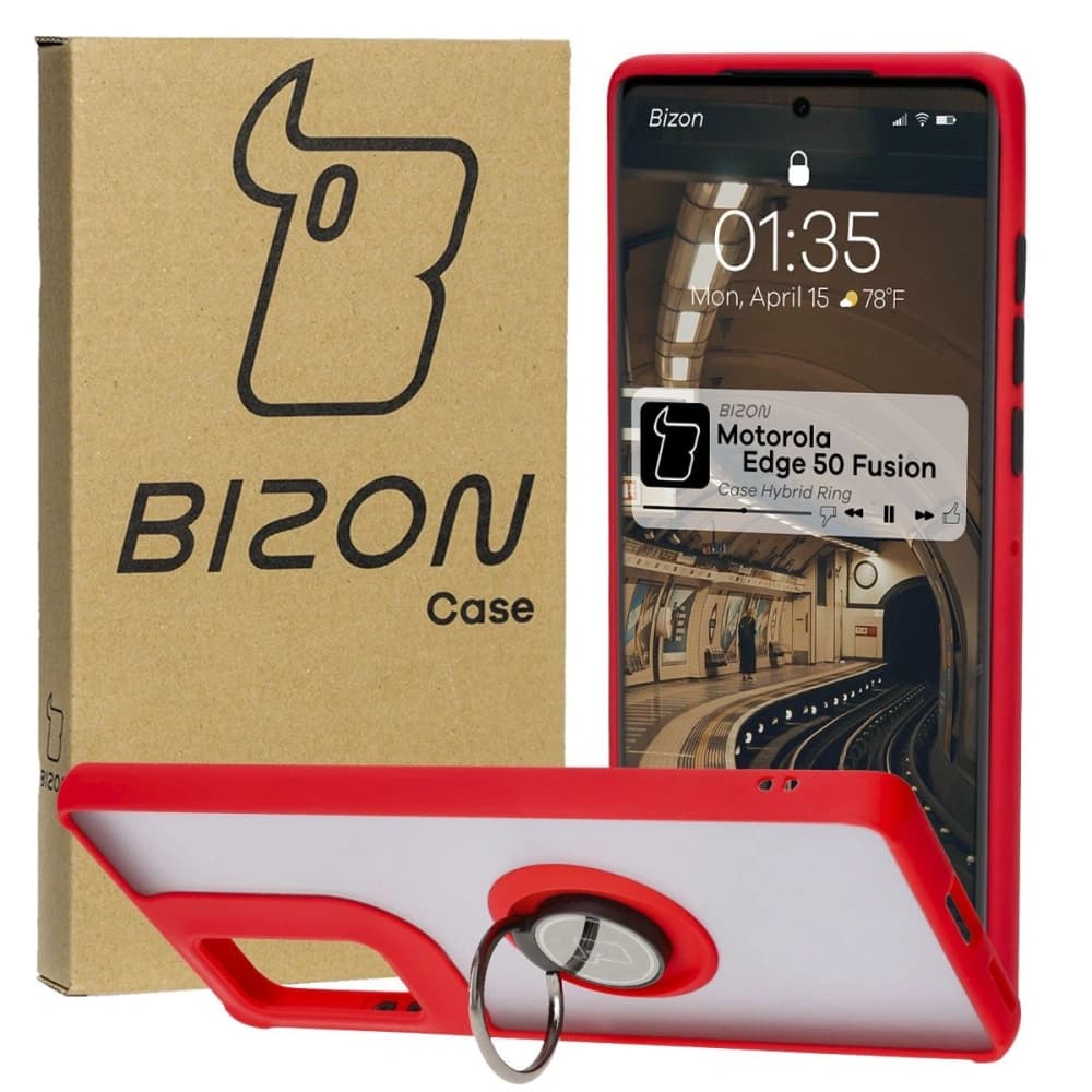 Bizon Case Hybrid Ring Motorola Edge 50 Fusion smoky with a red frame - 1