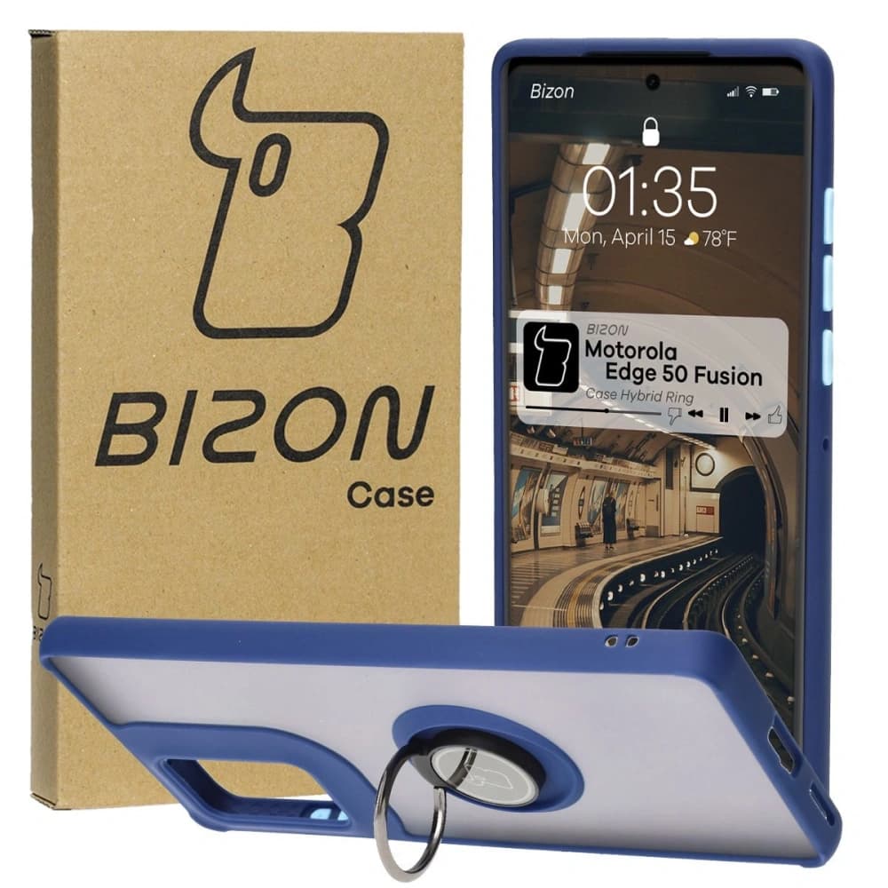 Bizon Case Hybrid Ring Motorola Edge 50 Fusion smoky with a navy blue frame - 1