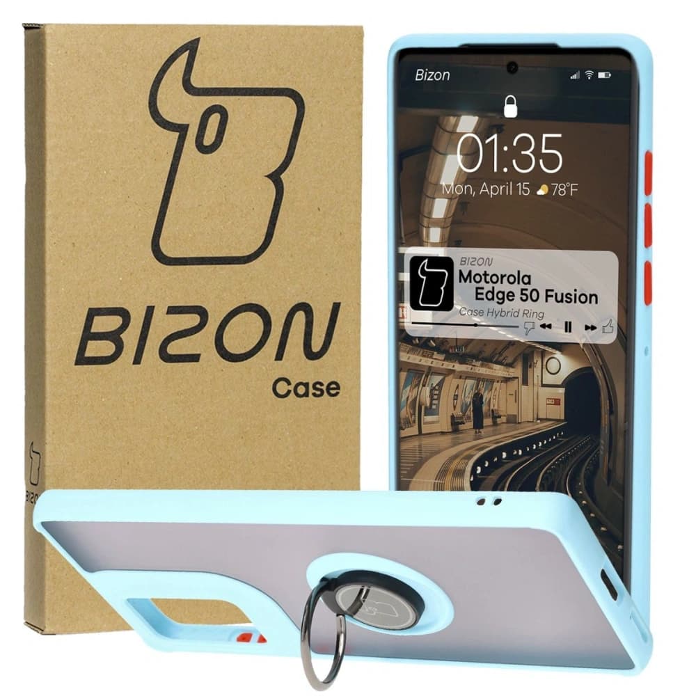 Bizon Case Hybrid Ring Motorola Edge 50 Fusion smoky with a light blue frame - 1