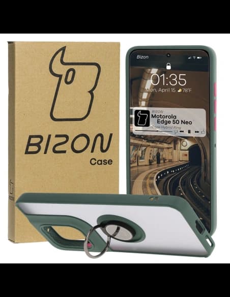 Bizon Case Hybrid Ring Motorola Edge 50 Neo rauchig mit einem dunkelgrünen Rahmen