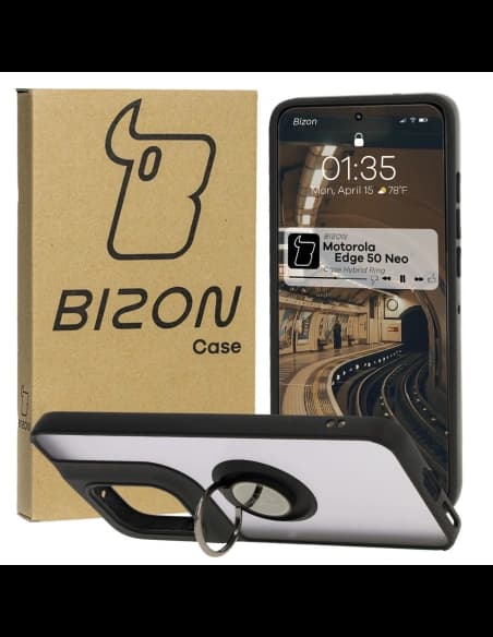 Bizon Case Hybrid Ring Motorola Edge 50 Neo rauchig mit einem schwarzen Rahmen