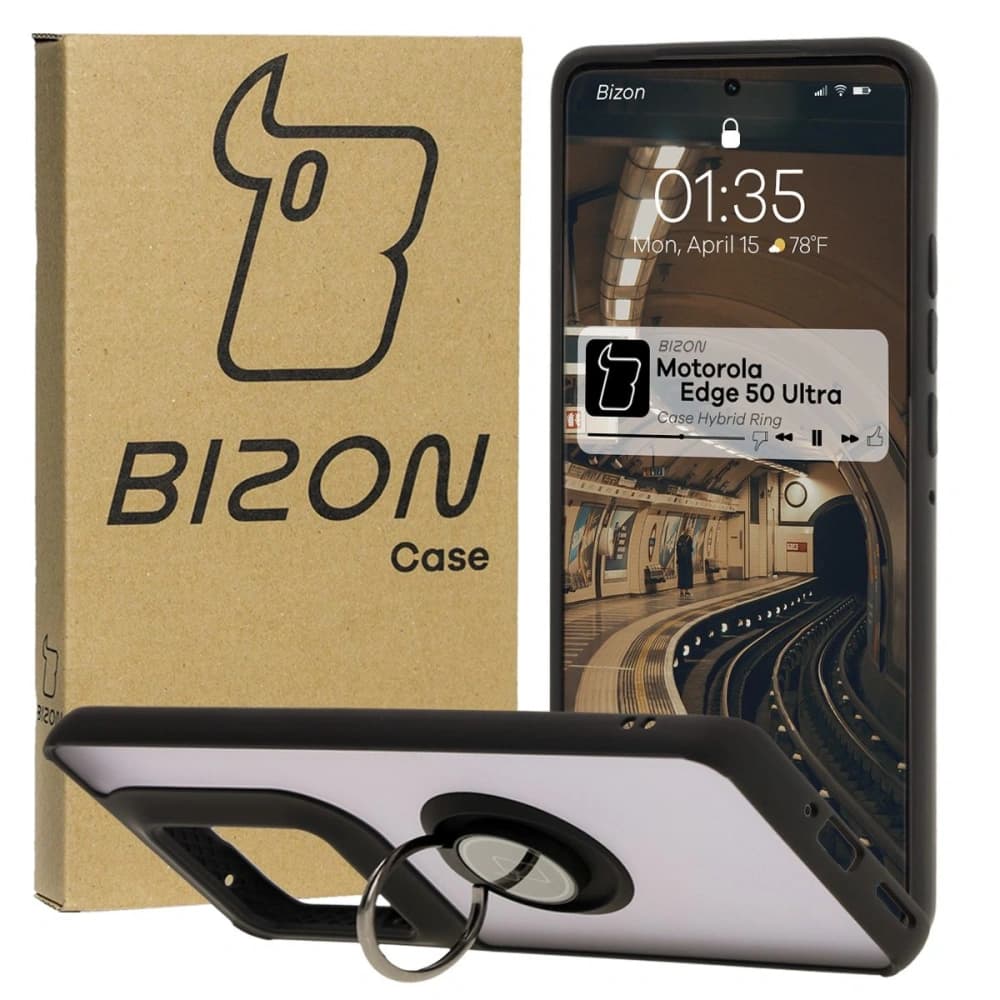 Etui z uchwytem na palec Bizon Case Hybrid Ring do Motorola Edge 50 Ultra kouřové s černým rámem - 1
