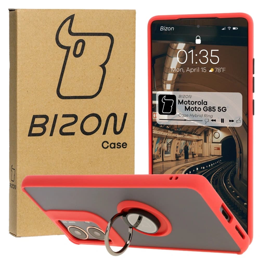 Etui s úchopem na prst Bizon Case Hybrid Ring pro Motorola Moto G85 5G kouřové s červeným rámečkem - 1