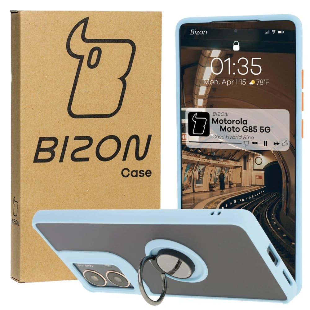 Etui z uchwytem na palec Bizon Case Hybrid Ring do Motorola Moto G85 5G kouřové s jasně modrým rámem - 1