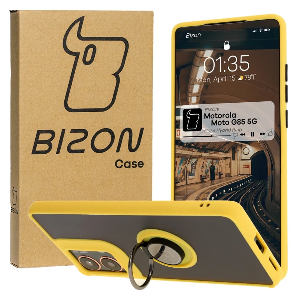 Etui s úchopem na prst Bizon Case Hybrid Ring pro Motorola Moto G85 5G kouřové s žlutým rámem - 1