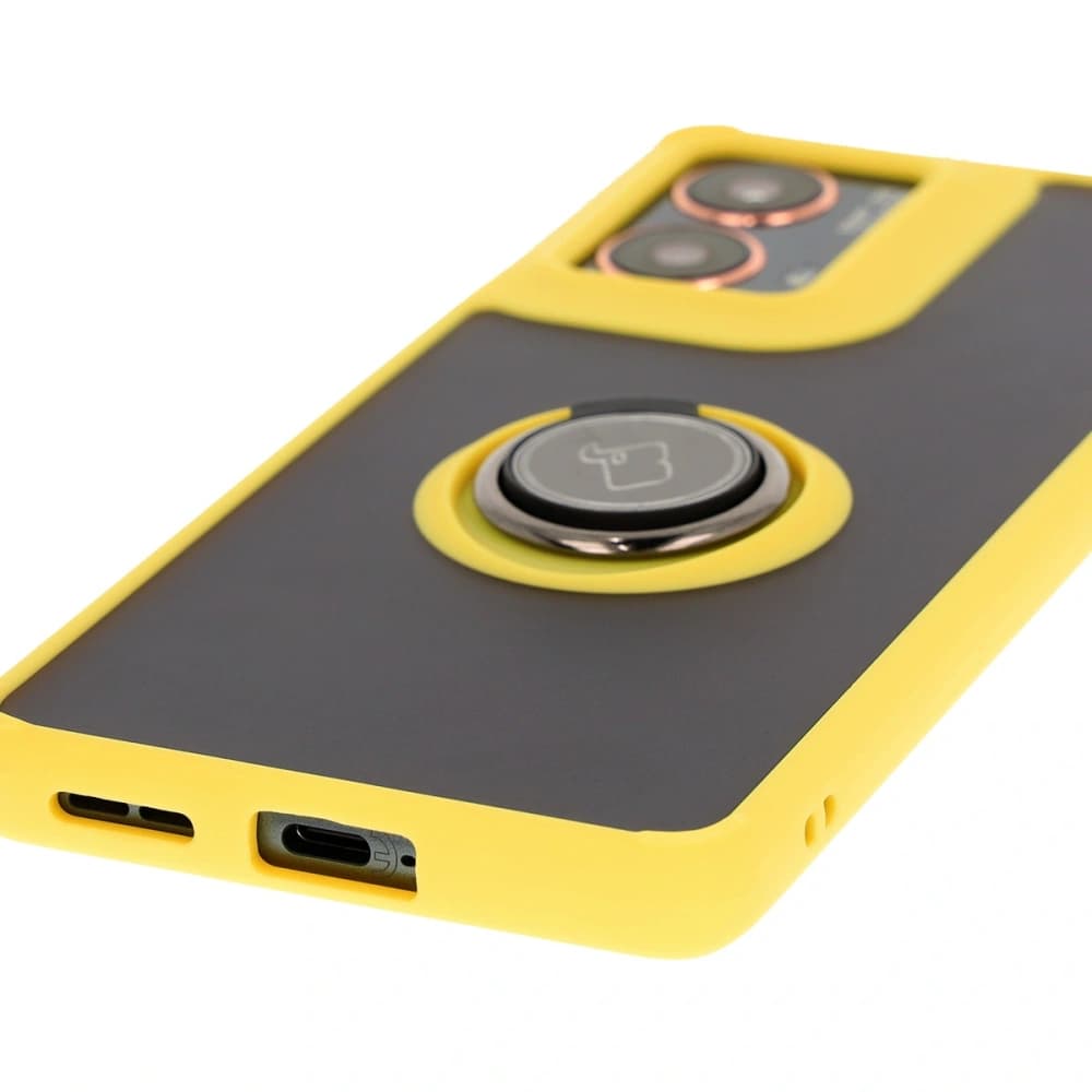Etui s úchopem na prst Bizon Case Hybrid Ring pro Motorola Moto G85 5G kouřové s žlutým rámem - 5
