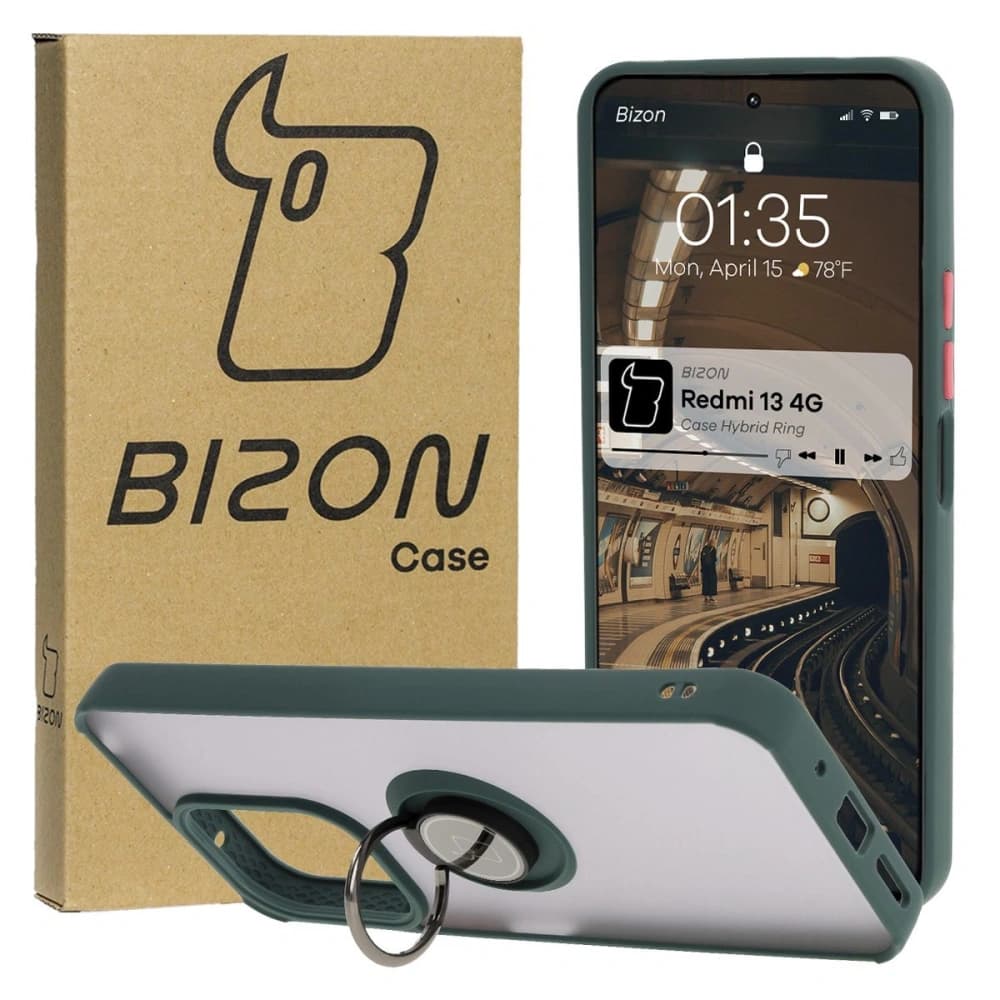 Etui s úchytem na prst Bizon Case Hybrid Ring pro Xiaomi Redmi 13 4G kouřové s tmavě zeleným rámečkem - 1